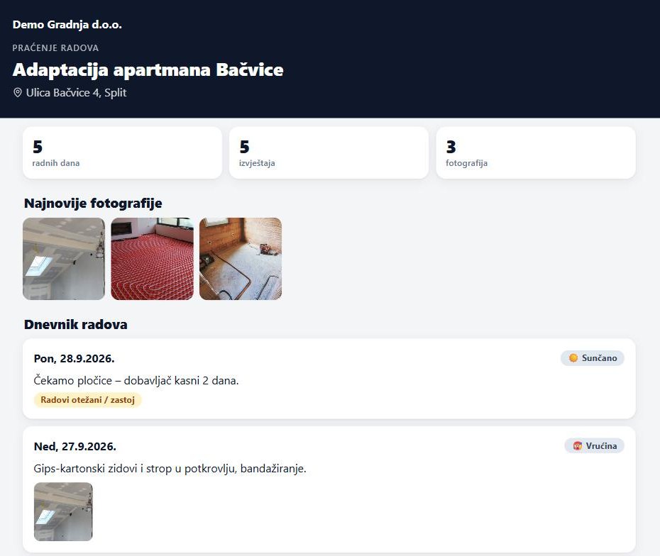 Stranica za investitora u BauLogu s napretkom radova i fotografijama s gradilišta
