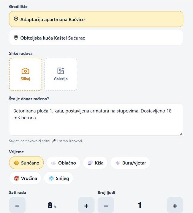 Unos dnevnog izvještaja s gradilišta na mobitelu u aplikaciji BauLog